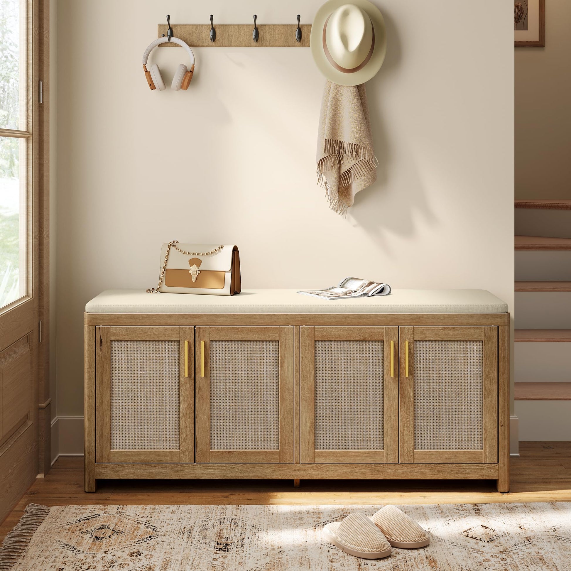 VASAGLE ELLAN Collection - Boho Shoe Bench with Cushion, Entryway Storage Bench with 4 Rattan-Look