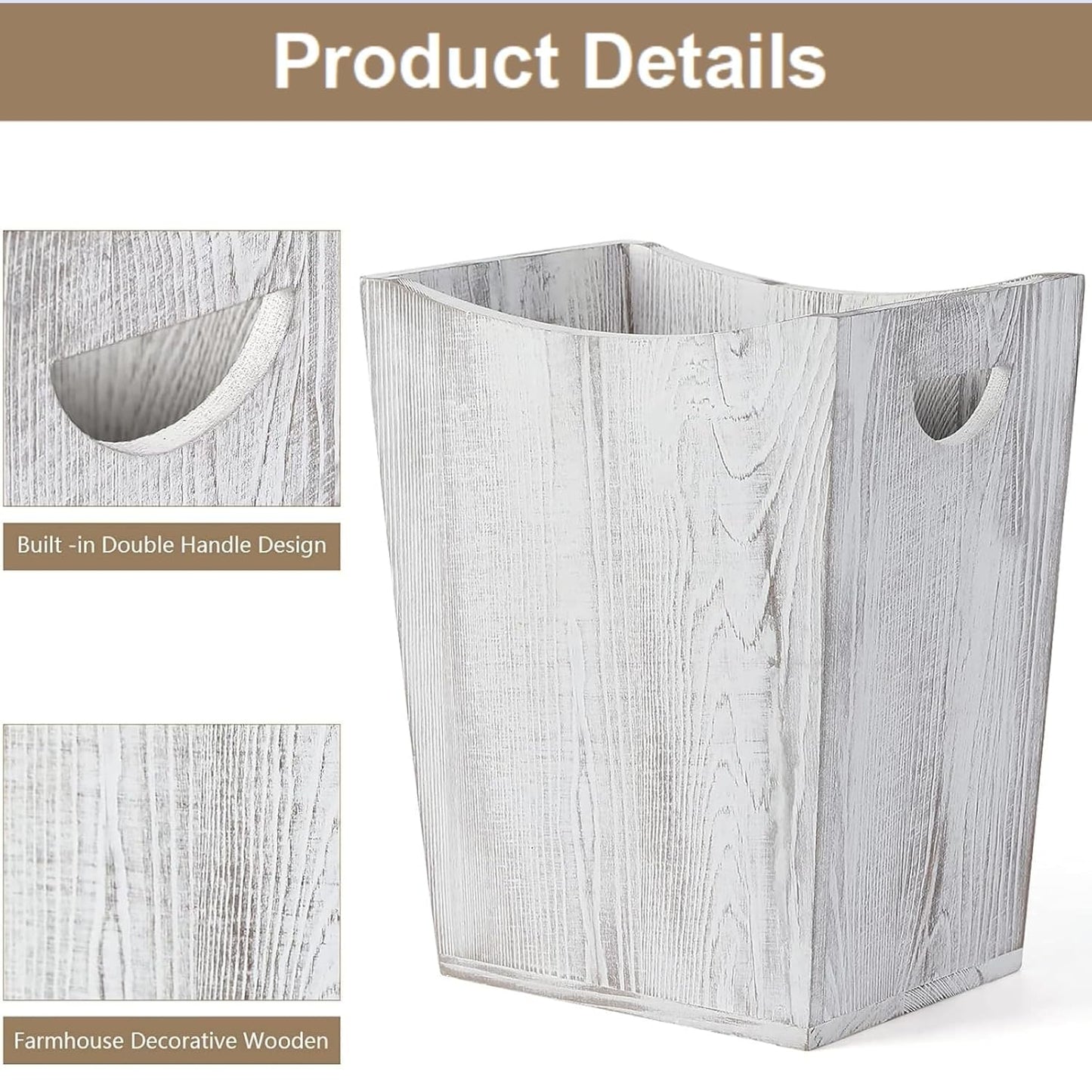 SEHERTIWY Wood Trash Can, Farmhouse Wastebasket Bin for Bathroom, Office, Bedroom, Living Room, Small Square Rustic Garbage Container (Wood-White)