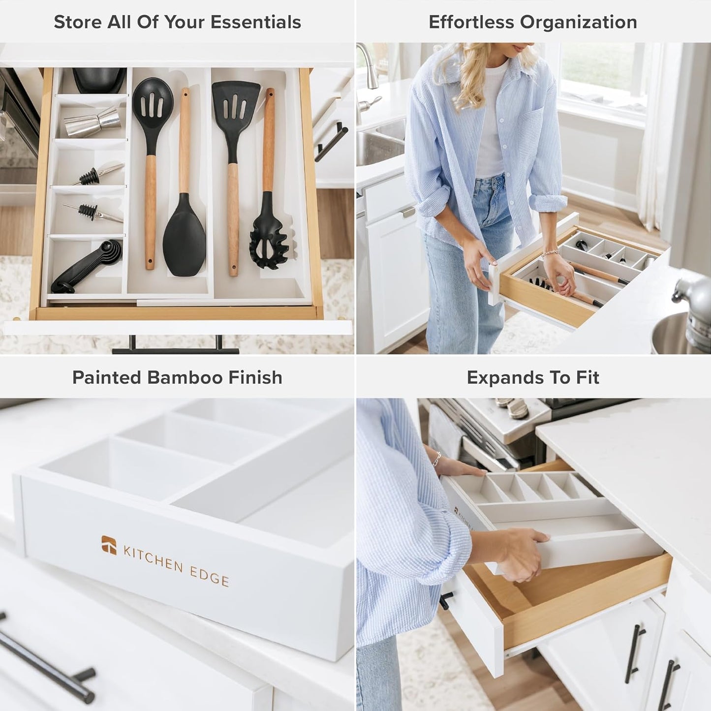 KitchenEdge Adjustable Kitchen Drawer Organizer for Utensils and Junk, Food-Safe Contract Grade with 100% Sustainable Wood, Expandable from 10.5 to 19 Inches Wide - White Bamboo