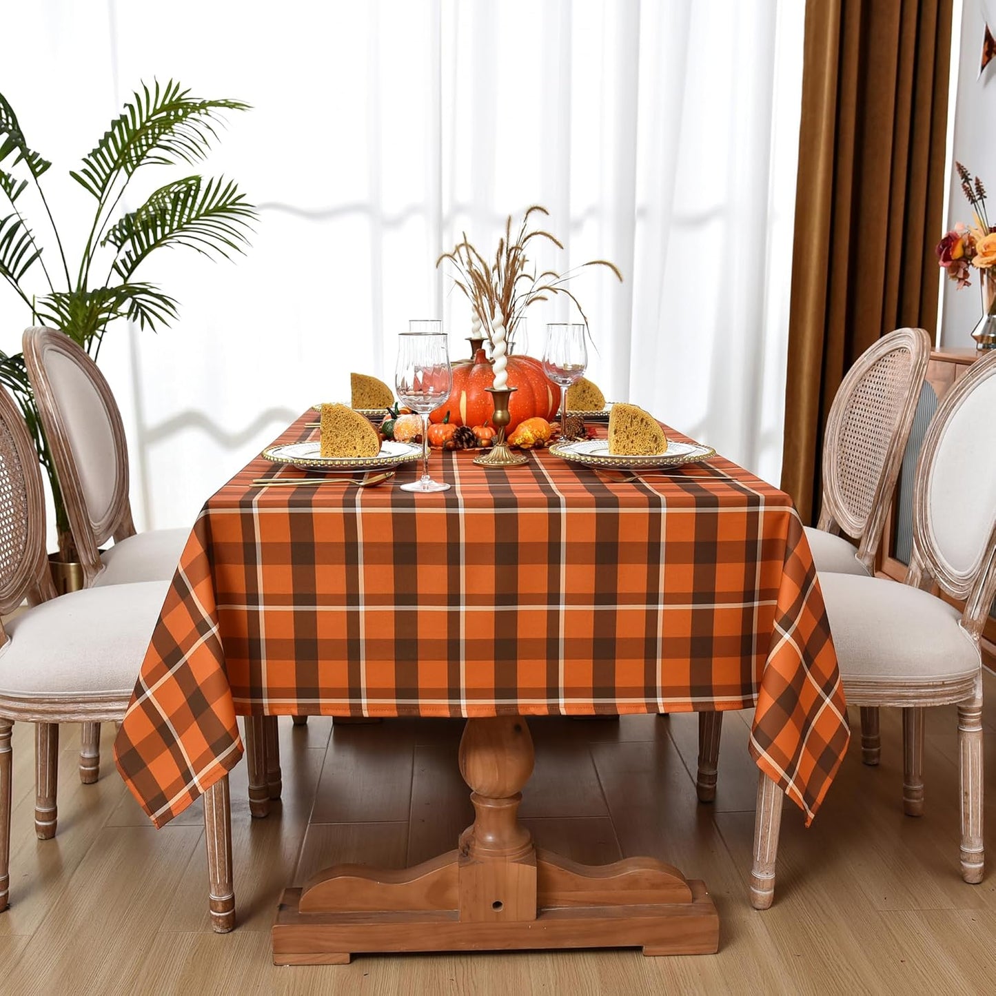 Gingham Tablecloth Fabric - Oblong 58x120 Water Resistant Autumn Plaid Table Cloth for Indoor/Outdoor Use - Fall Tabletop Cover for Halloween, Picnics, Gardens, and Thanksgiving Day
