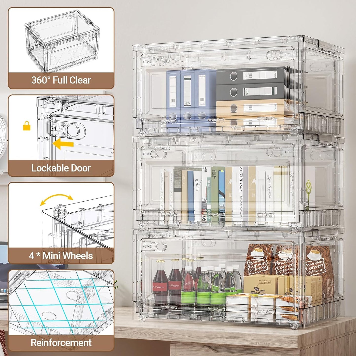 BROVIEW Clear Stackable Storage Drawers, Open Front Large Plastic Storage Bins with Lids, Foldable Closet Organizers and Storage for Wardrobe Cabinets, Pantry, Makeup,1 Pack