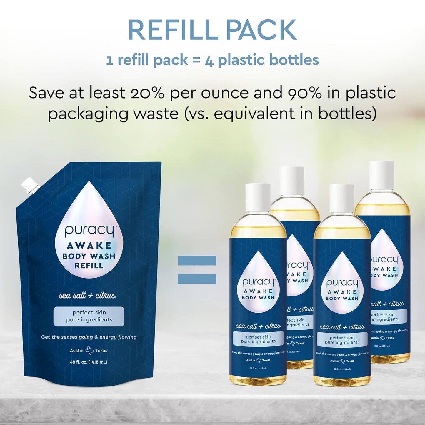 Puracy Body Wash, Natural Body Wash, 98.6% Pure Plant Ingredients, Moisturizing Shower Gel for Women Men Kids, Body Soap for Dry Sensitive Skin. Gently Scented with Citrus & Sea Salt, 12 Oz (2-Pack)