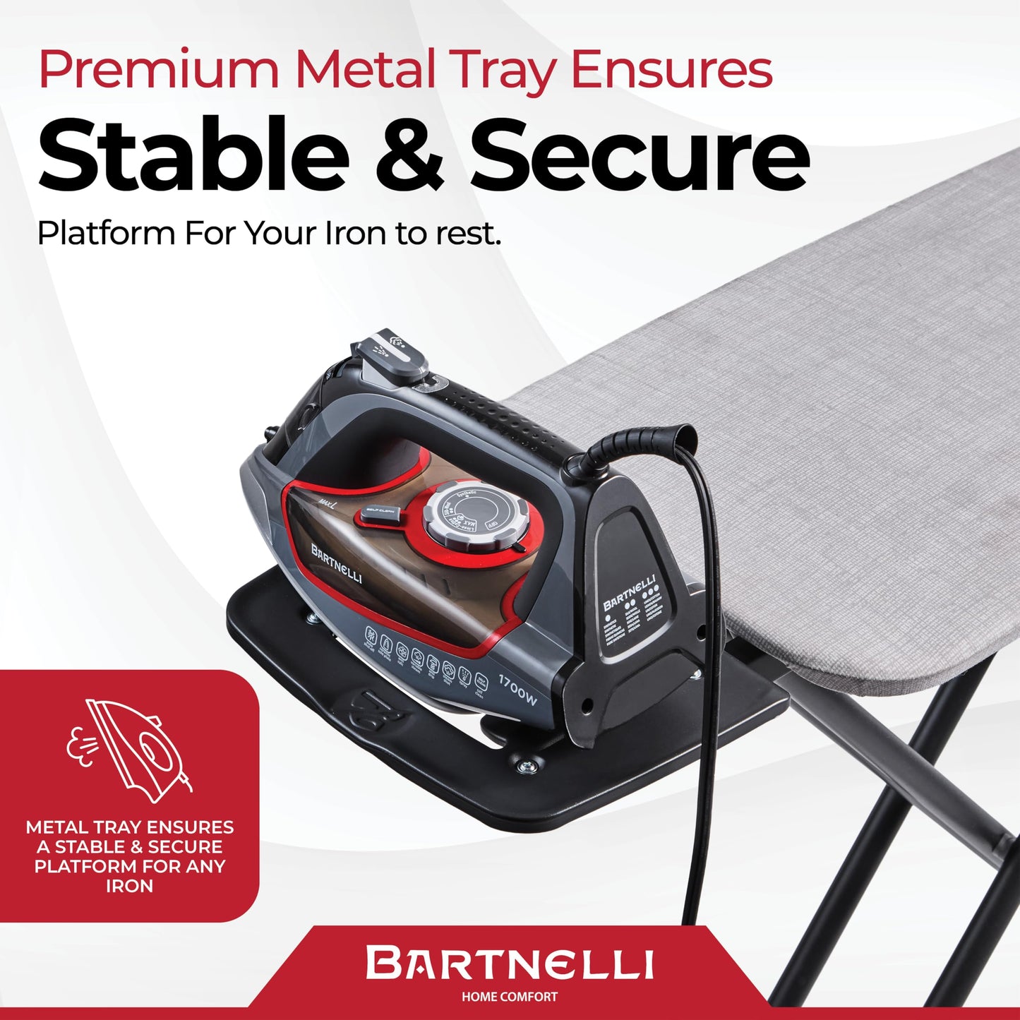 Bartnelli Extreme Stability Ironing Board 43x13 Upgraded Heavy-Duty Metal Frame & Iron Rest, Height