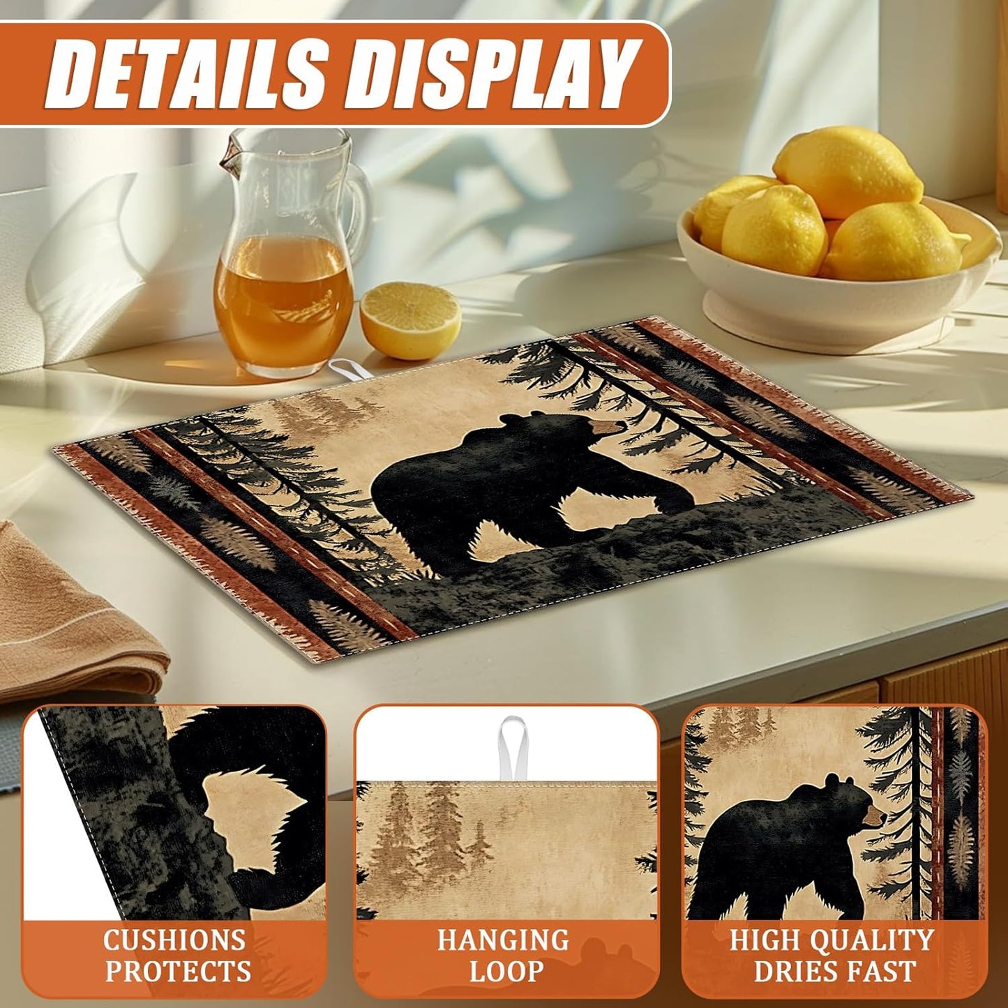 Forest Bear Dish Drying Mat for Kitchen Counter Microfiber Absorbent Dish Kitchen Drying Mat Draining Reusable Washable for Dishes/Utensils/Counterto