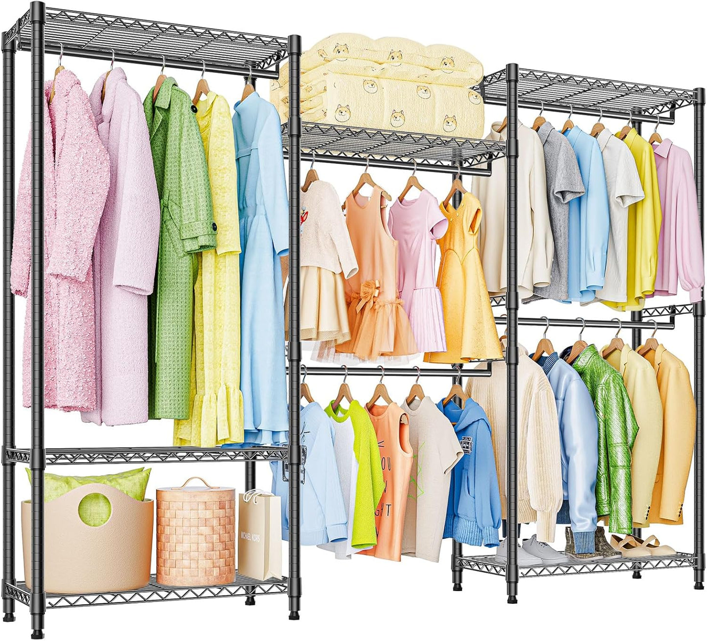 Heavy Duty Rolling Garment Rack 3 Tiers Adjustable Wire Shelving Clothes Rack with Rods Storage Closet Clothing Rack Black 15.7" D x 70.8" W x 76.5" H