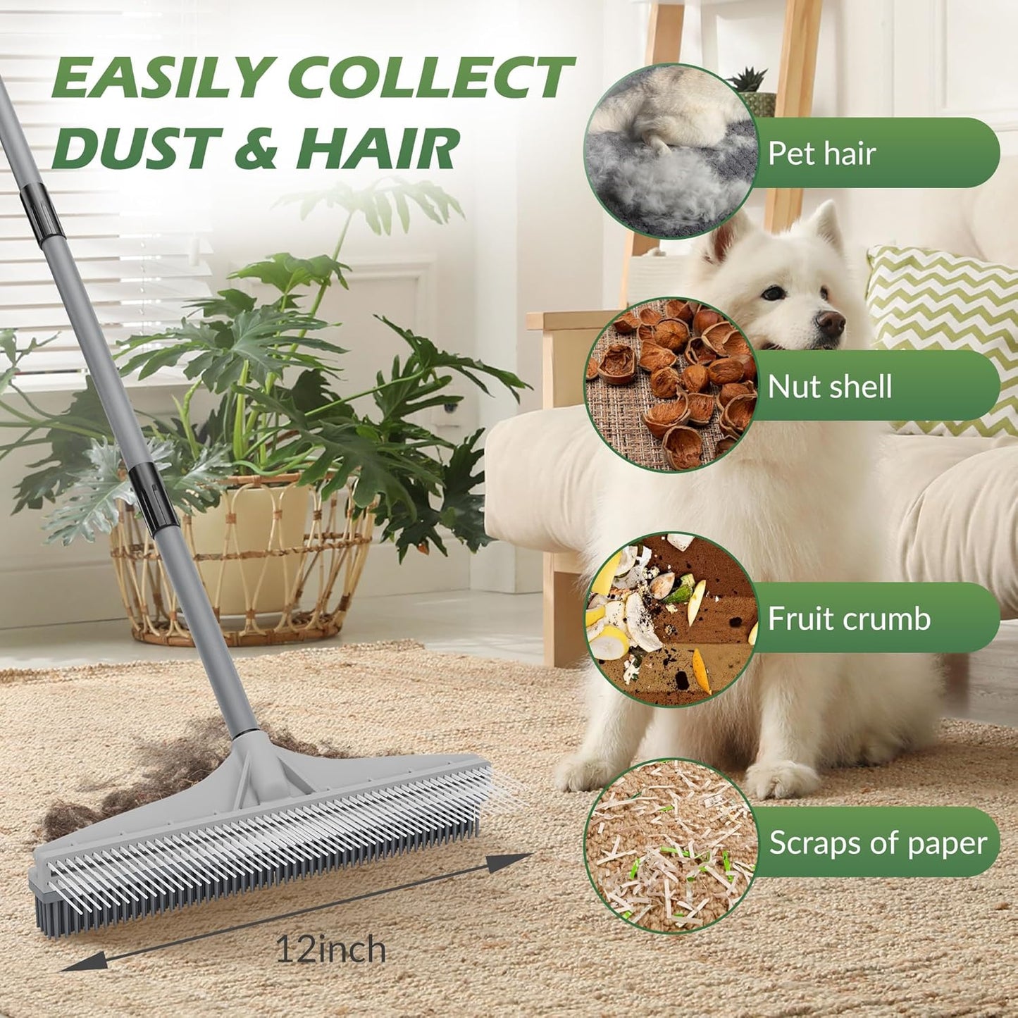 Walensee Carpet Rake for Pet Hair Removal, 61" Carpet Hair Cleaning Tool with Adjustable Long Handle, 2-in-1 Rubber Broom and Nylon Carpet Brush for Fur Rug, Stairs and Mats - Washable, Durable