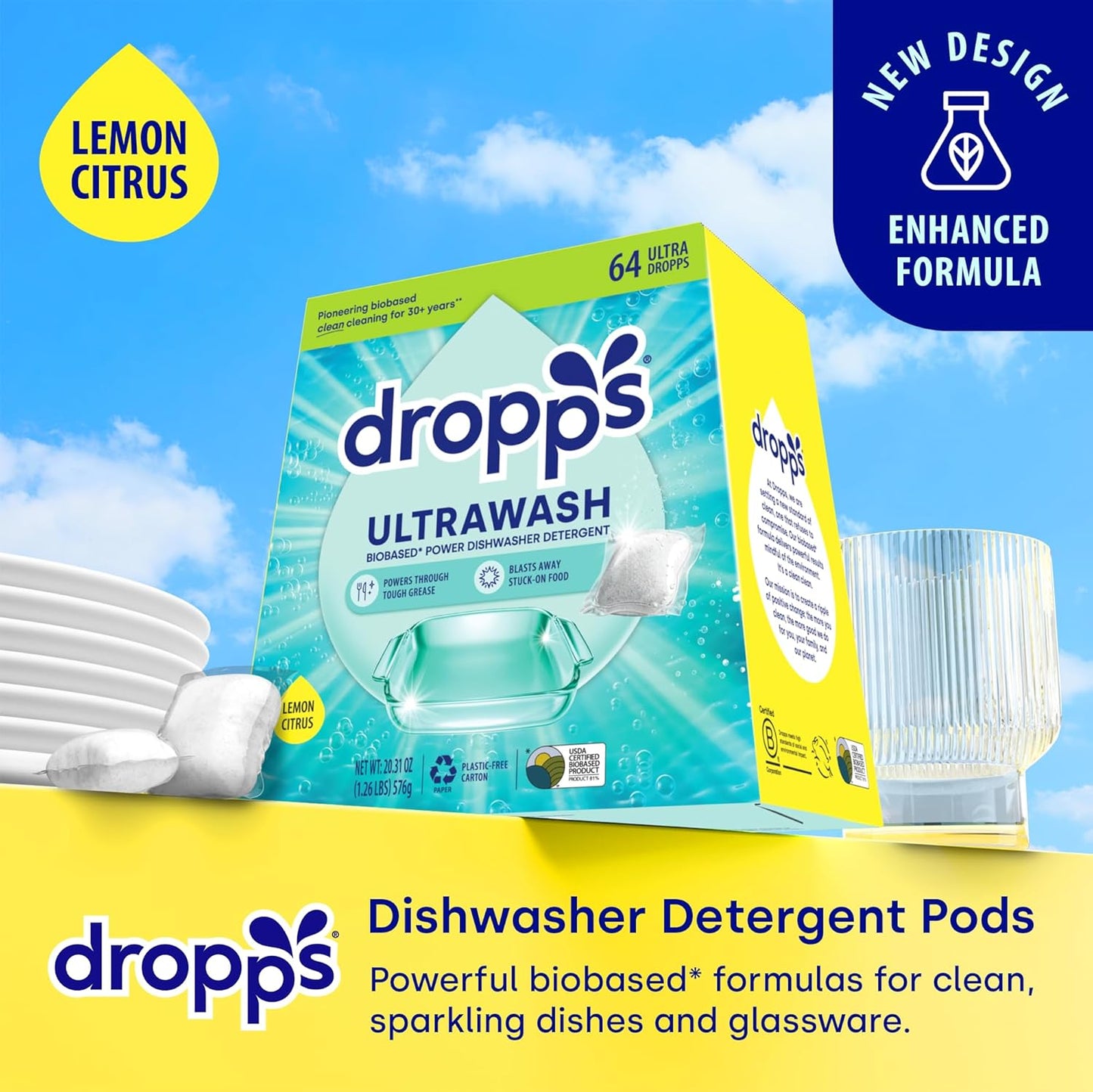 Dropps UltraWash Dishwasher Pods, Lemon Citrus (64 Count) - Biobased Power Deep Clean Dishwasher Detergent Tablets for Sparkling Shiny Dishes - No Rinse Aid or Pre-Wash Needed -Dishwashing Pods