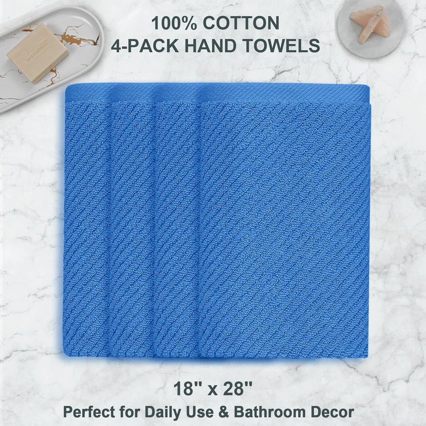 VOOVA & MOVAS Blue Hand Towels for Bathroom, 4 Pack Large 18"x28" - 100% Cotton | Quick Dry | Thick | Soft | Lightweight, Bathroom Hand Towels, Luxury Towel Gift Set, Denim Blue