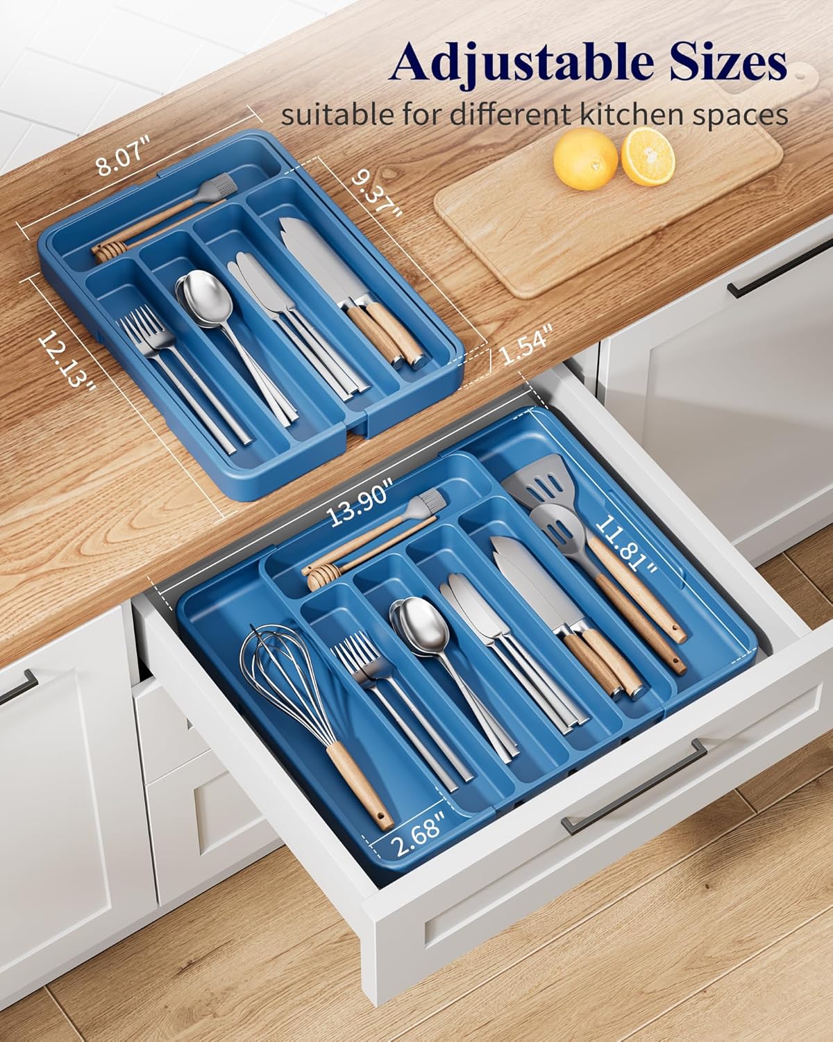 Kitsure Cutlery Drawer Organiser for Kitchen - Adjustable Cutlery Tray for Effortless Utensil Sorting, Versatile Kitchen Storage & Organisation Solution, 12.13" x 1.54" x 8.07"~13.90", Dark Blue