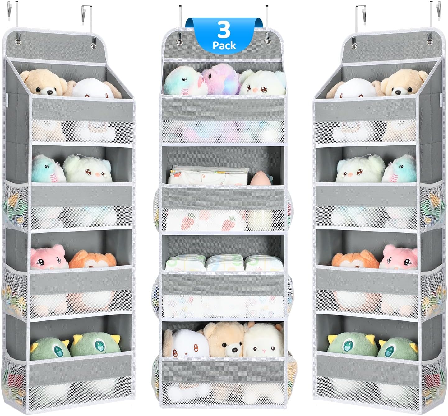 Yecaye 3 Pack 4-Tier Over The Door Organizer - Foldable Portable Baby Essentials for Stuffed Animal Storage - Multi-Purpose Bathroom Closet Organizers and Storage for Kids Newborn Baby Stuff Gray