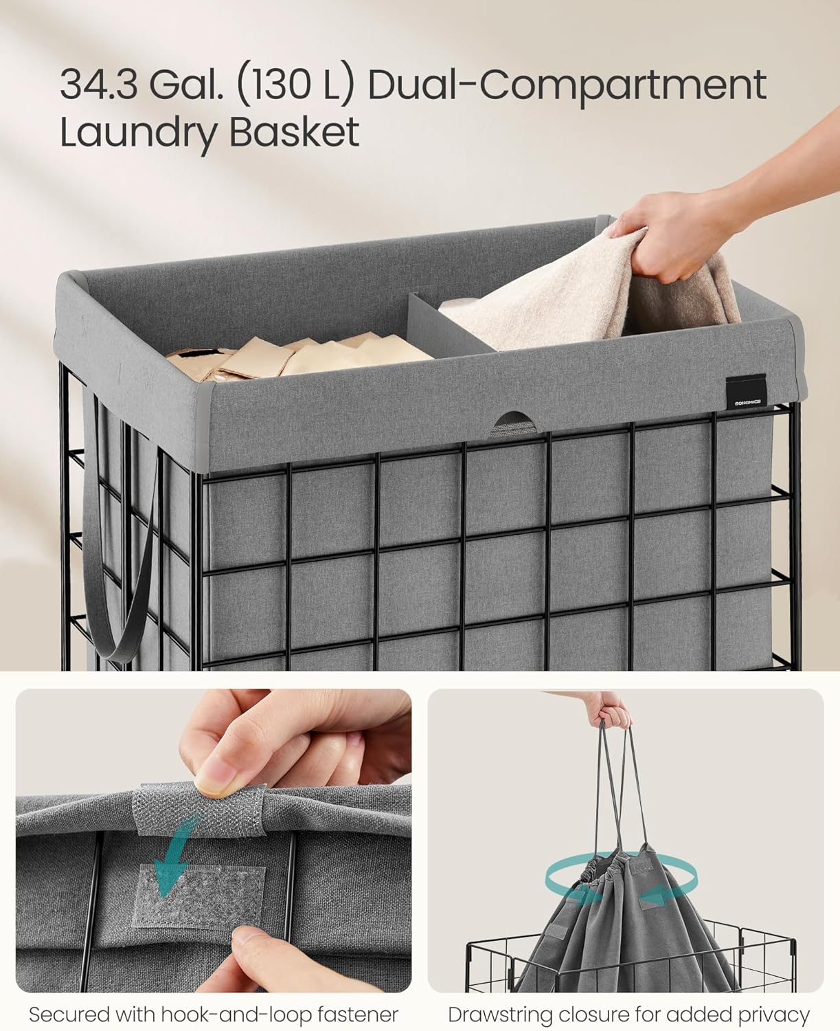 SONGMICS Laundry Hamper, 34.3 Gal. (130L) Laundry Basket, Collapsible Clothes Hamper, Removable and Washable Liner, Metal Wire Frame, for Bedroom Bathroom, Black and Gray ULCB113G01