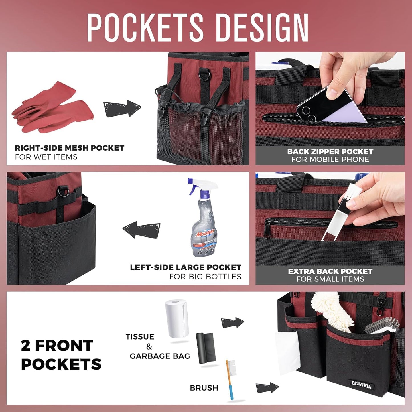 Compact Wearable Cleaning Caddy, Small Cleaning Caddy Supplies Organizer with Handle & Shoulder Straps for Housekeepers, Under Sink & Car Cleaning Tool Organizers Bag (AncoraRed)