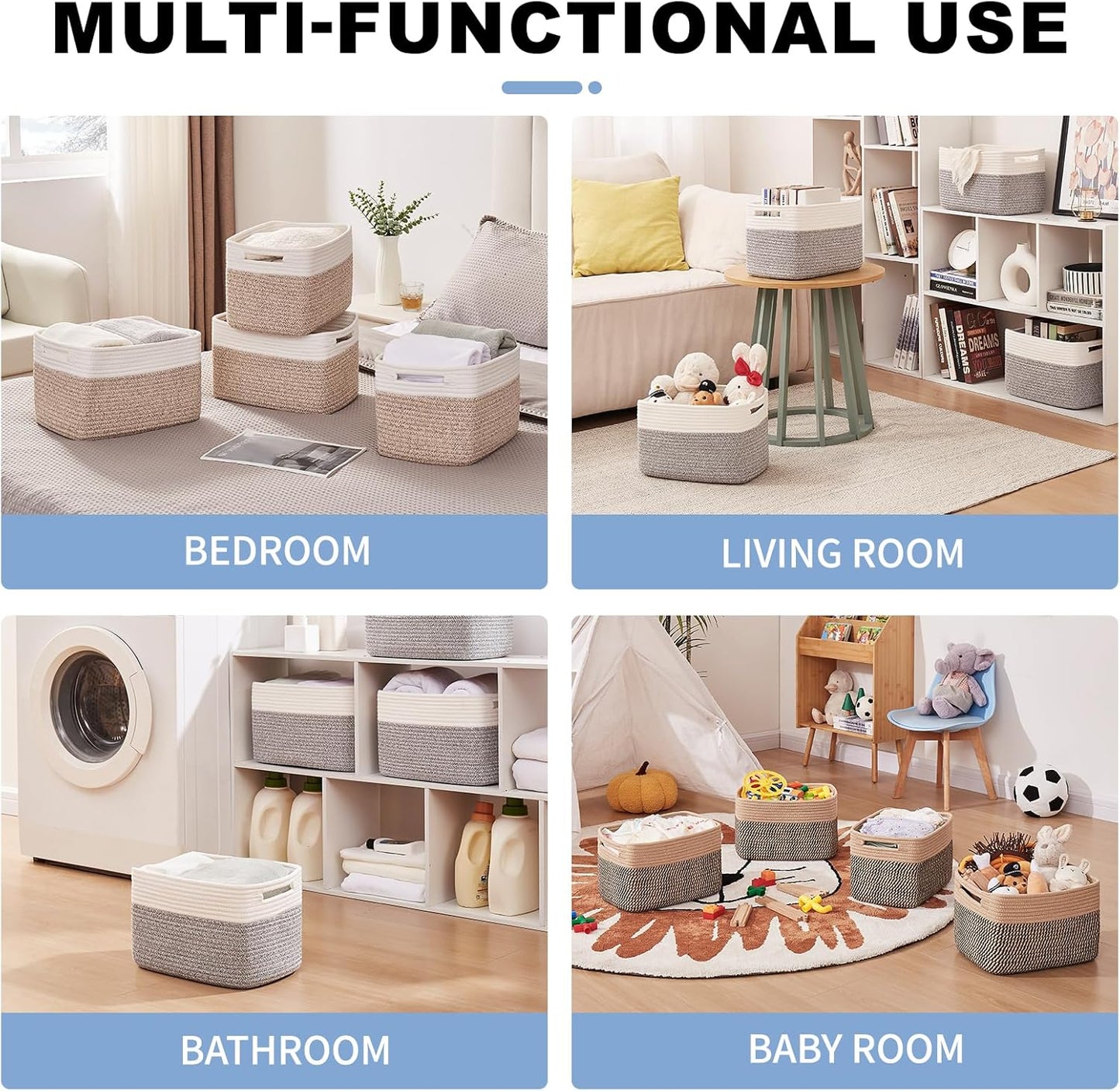 OIAHOMY 4 Pack Storage Baskets for Organizing, Basket for Shelves with Handle, Woven Baskets for Storage Toys, Towels, Books, Cotton Rope Basket 13" L x 9 " W x 7.8 " H, Brown & Black