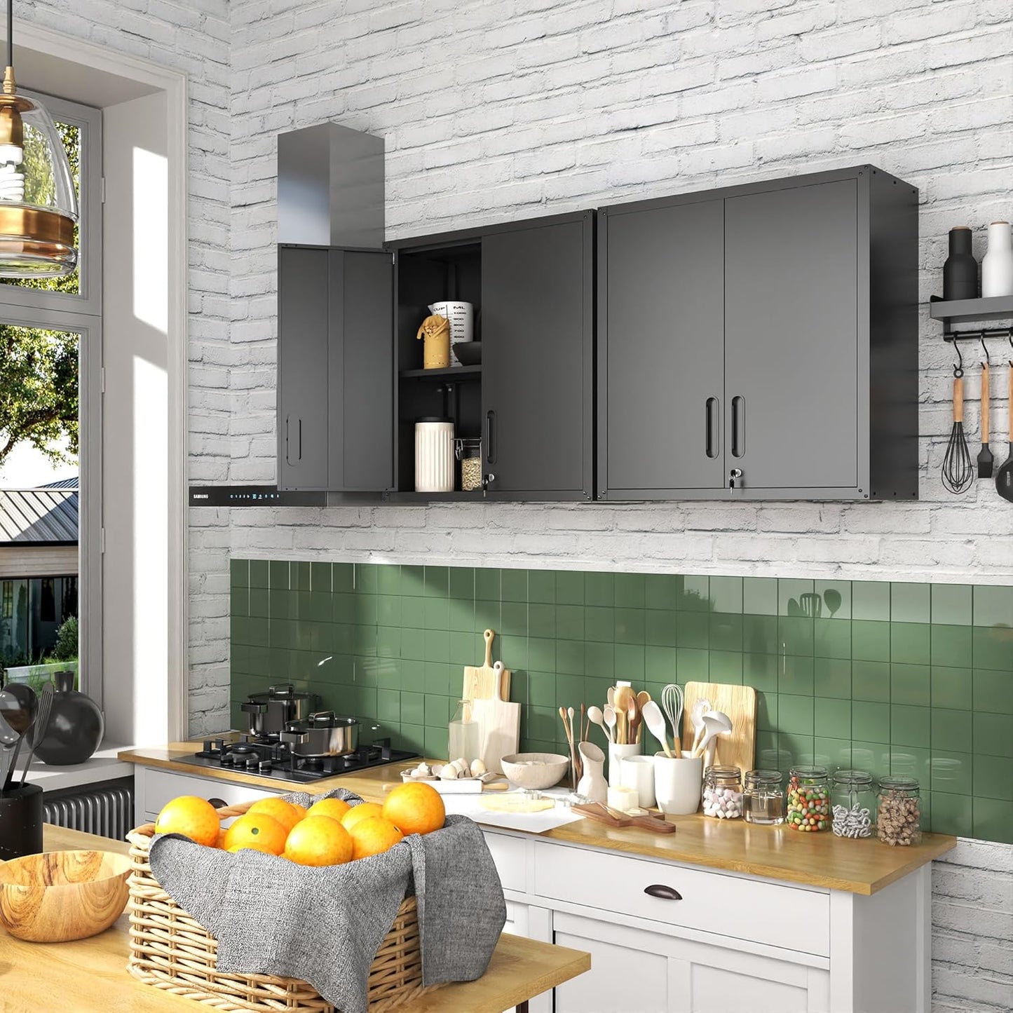 Garage Wall Cabinet with Doors and Shelves, Metal Wall Mounted Storage Cabinet with Lock, Hanging Tool Cabinet for Garage Utility Room, Black