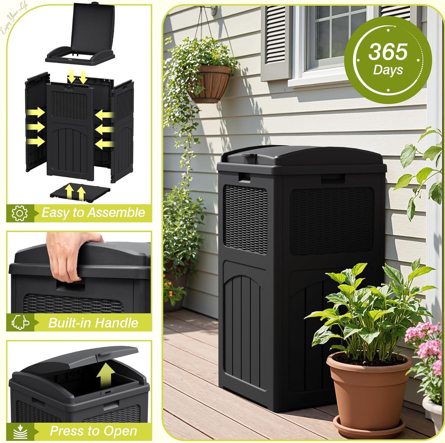 Greesum 33 Gallon Outdoor Trash Can with Lid, Waterproof Resin Garbage Bin for Hideaway, Deck, Patio, Black