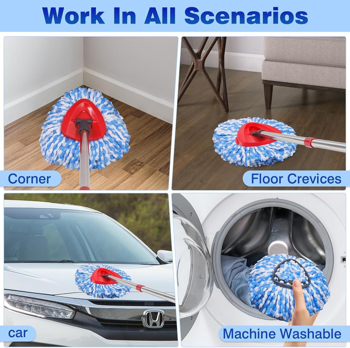 Mop Heads Replacements Complete Combo Set for O-Ceda,4 Pcs Machine Washable Microfiber Spin Mop Refills Replace Heads,1Scrub Brushs,1Base,1 Set Handle,Spin Replacements for Tub and Tile Cleaning