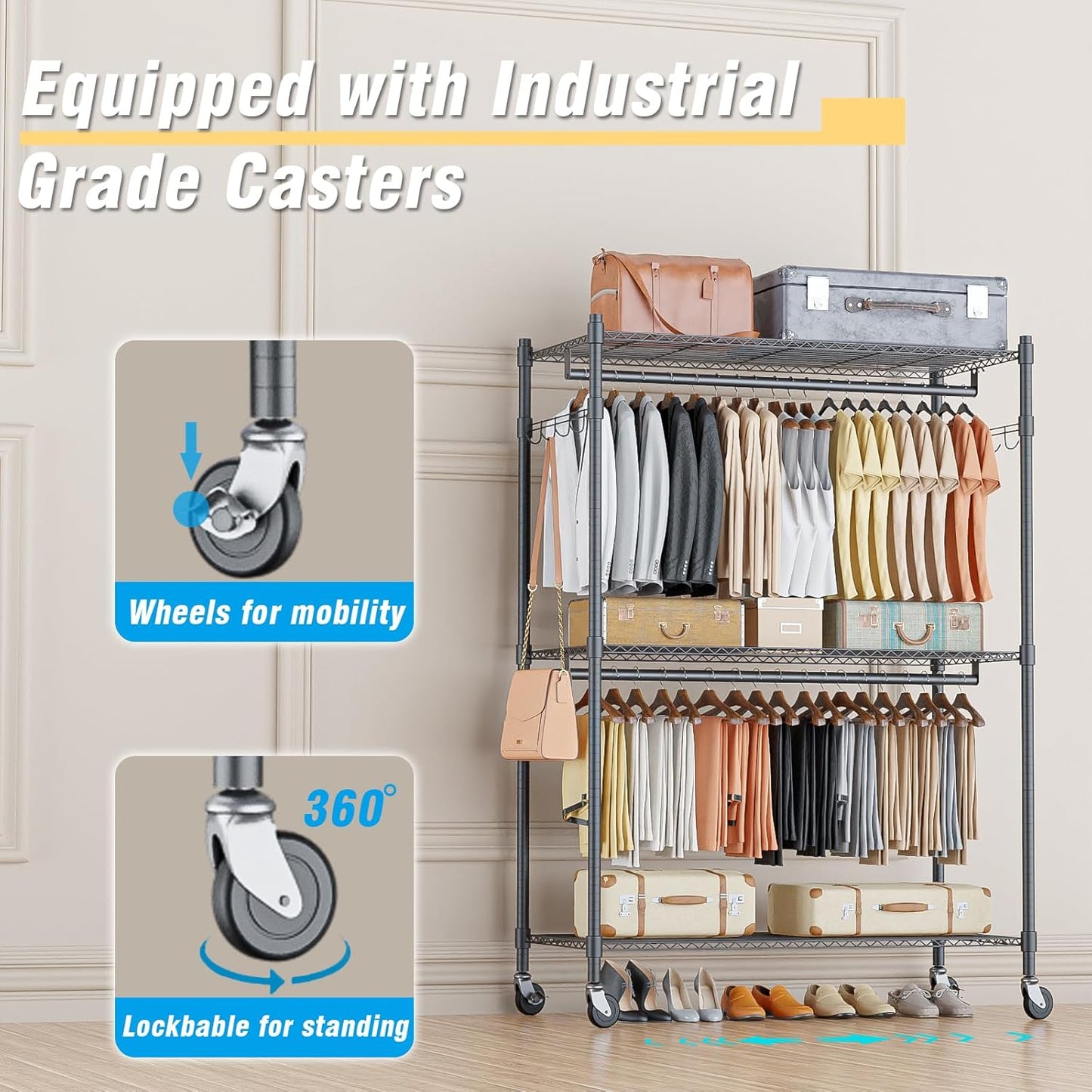 Homdox Heavy Duty Rolling Clothing Rack, Adjustable Garment Rack with 3 Tier Storage Shelves, Freestanding Closet Wardrobe for Hanging Clothes with Side Hooks, Gray