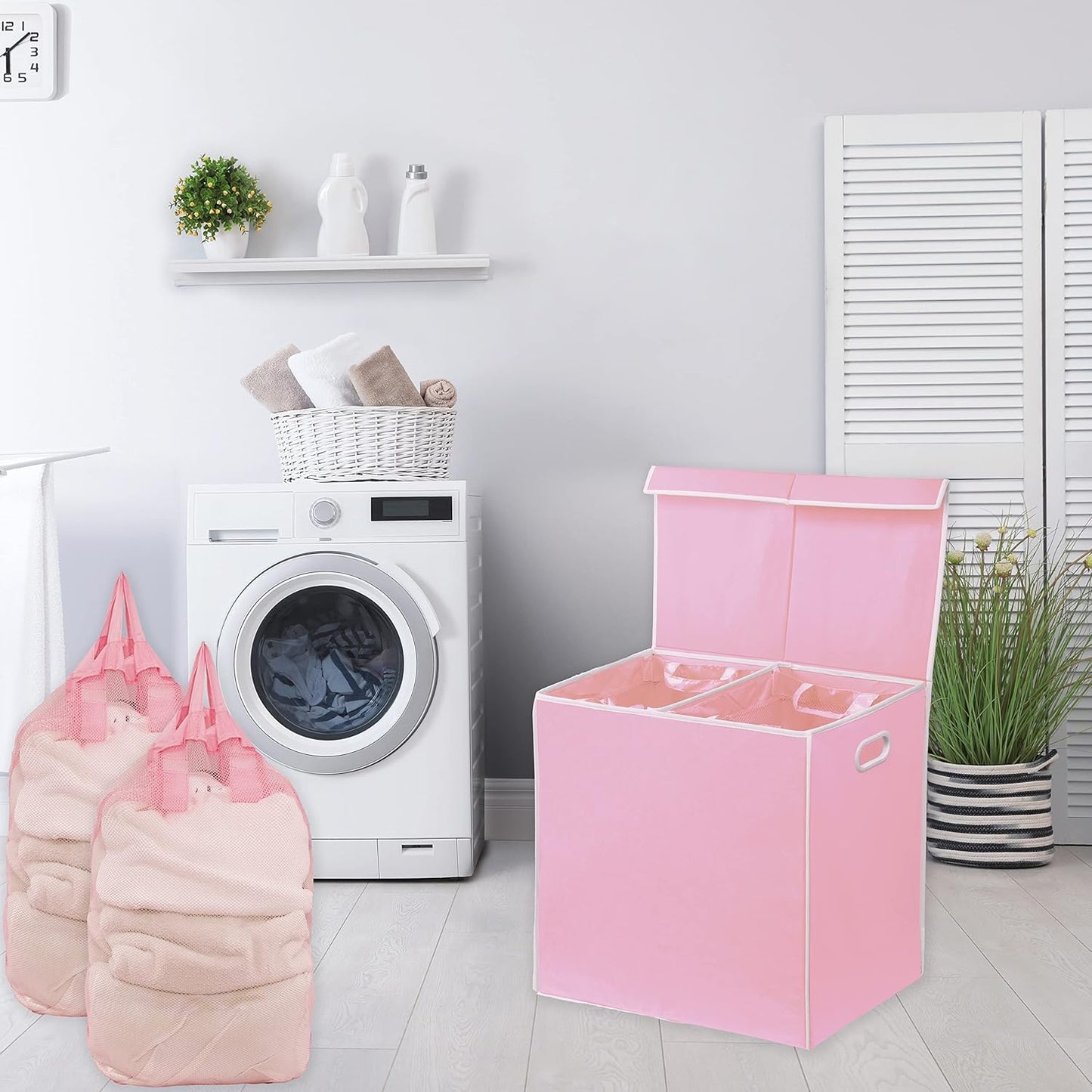 Simple Houseware Double Laundry Hamper with Lid and Removable Bags, Pink