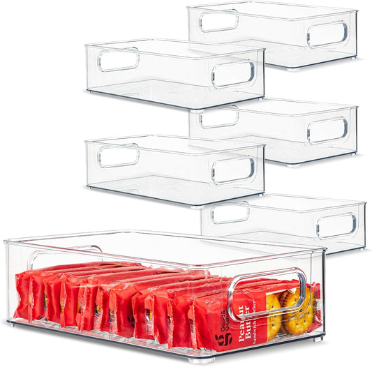Plastic Food Storage 6 Pack Clear Container Bin with Handles for Organizing Kitchen, Pantry, Refrigerator, Freezer, Pantry, Cabinet, Closet, Bathroom. Stackable 10”x6”x3”