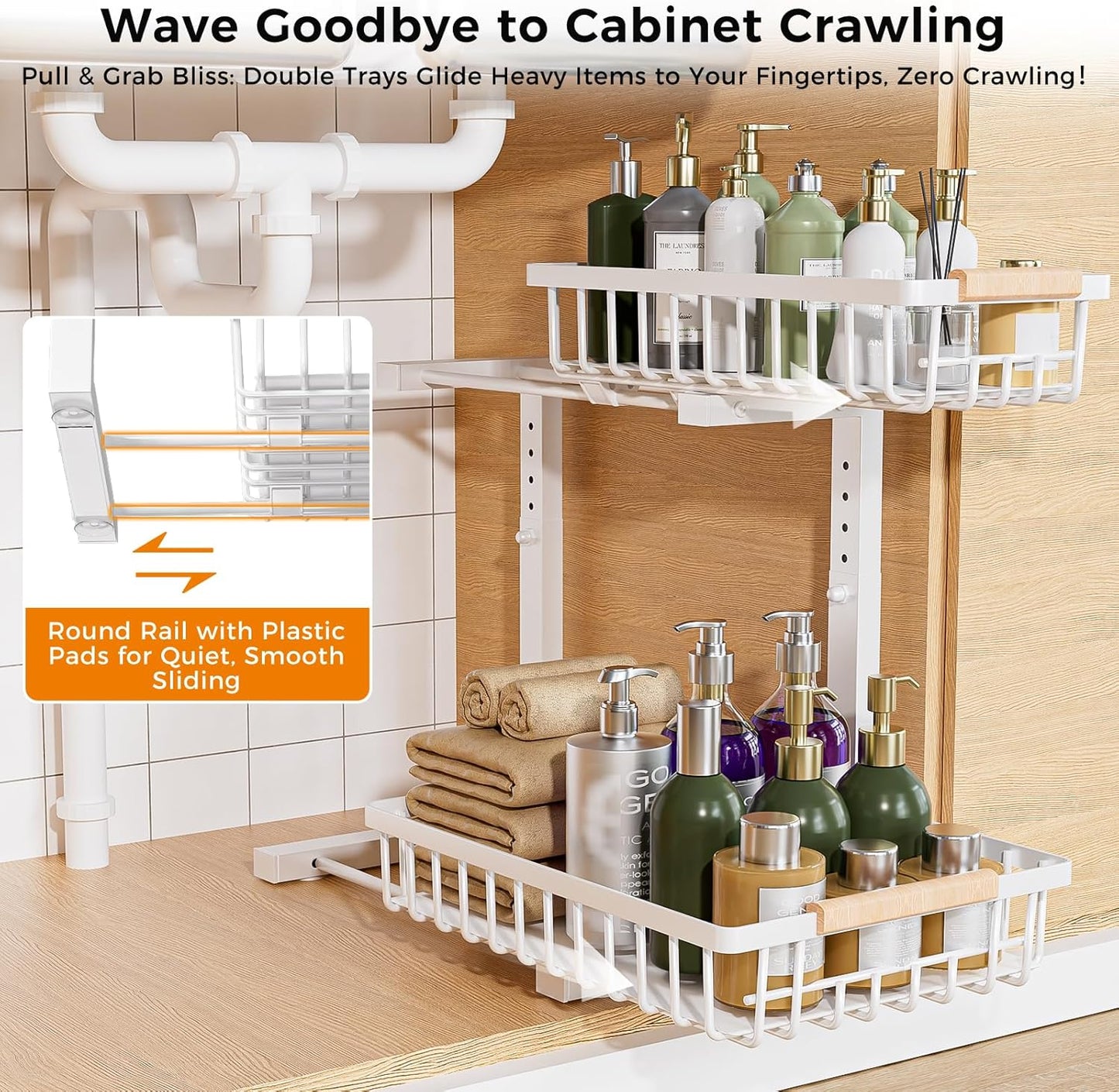 Under Sink Organizer,2 Pack 2 Tier Under Sink Organizers and Storage,Slide Out Pull Out Cabinet Organizer Shelf,Metal Sliding Drawer for Kitchen Bathroom Pantry Cabinet Closet Organization Rack White