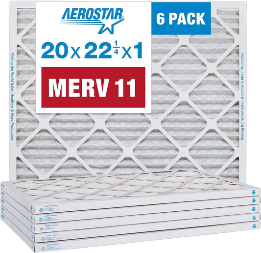 Aerostar 20x22 1/4x1 MERV 11 Pleated Air Filter, AC Furnace Air Filter, 6 Pack (Actual Size: 19