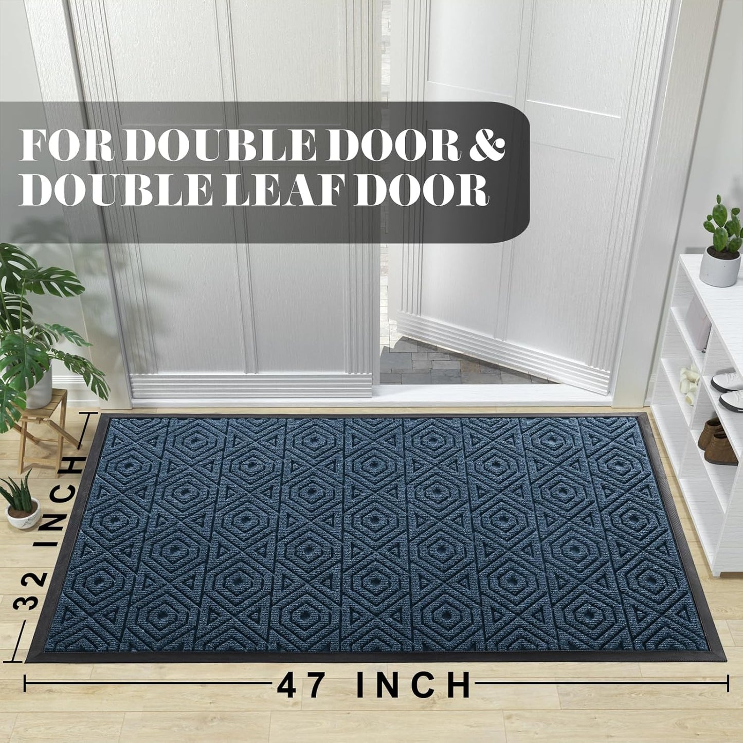Yimobra Door Mat, Outdoor Indoor Entrance Welcome Mat, Heavy Entry Front Door Mat, Stain & Fade Resistant, Low Profile, Sturdy Rubber, Easy Clean Patio Floor Mat, Waterproof, 47 x 32, Blue