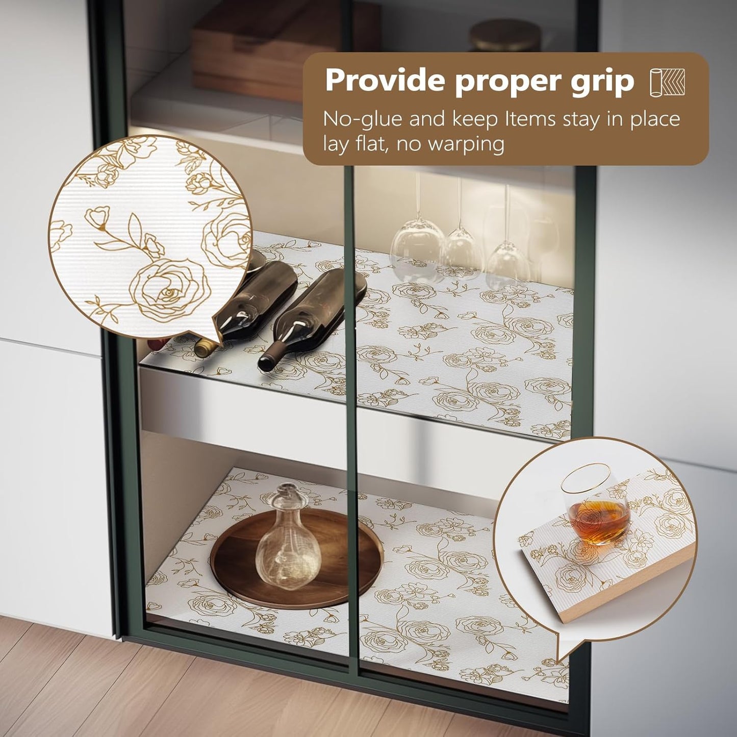 Shelf Cabinet Liner for Kitchen- Non Adhesive Drawer Liner Refrigerator Liner, Premium Waterproof Shelf Paper Protect Surface, Non Slip Easy to Clean Durable EVA Material, Gold Roses, 11.8 in x 20FT