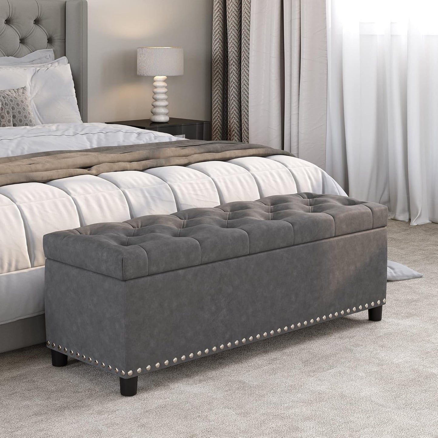 BELLEZE 47" Storage Ottoman, Storage Bench with Safety Close Hinge, Faux Leather Button-Tufted Ottoman for Living Room, Entryway, Hallway, Foot Rest, Support 300lbs - Rustic Gray