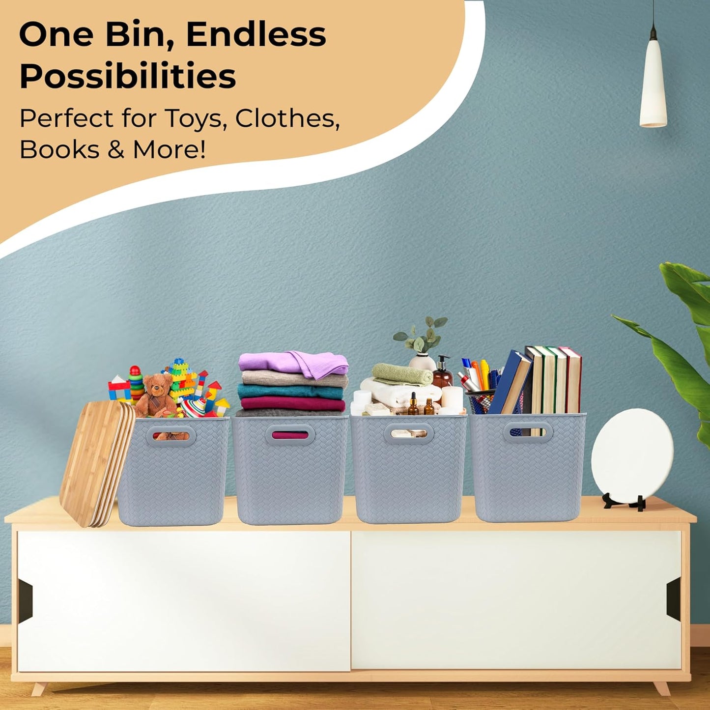 Storage Bins with Bamboo Lid – Stackable, Multi-Purpose Organizers for Pantry, Closet, Kitchen, and Home – Elegant Wicker-Style Design with Ergonomic Handles (Grey)