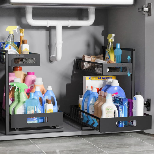 Under Sink Organizer, Silk-Smooth Metal Sliding Drawer Organizers and Storage Rack, Pull Out Cabinet Shelf for Kitchen, Bathroom, Pantry, Cabinet, Closet