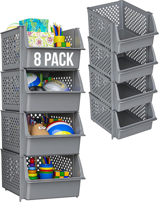 TidyFriend Plastic Stackable Bins for Pantry, 8 Pack Large Stacking Bins Open Front Kitchen, and Bathroom Organization, Open Front Design (Grey)