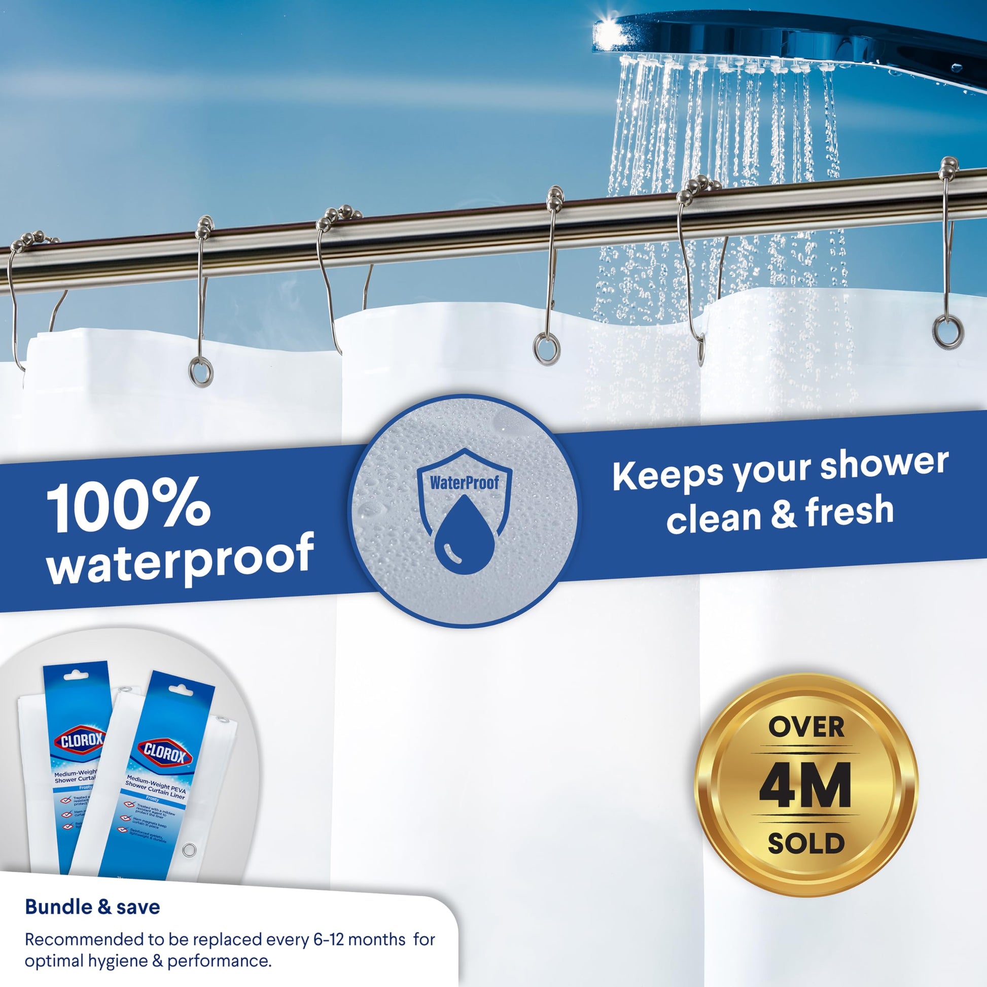 Clorox Shower Curtain Liner, Premium Medium-Weight Durable Waterproof 6g PEVA for Bathroom with