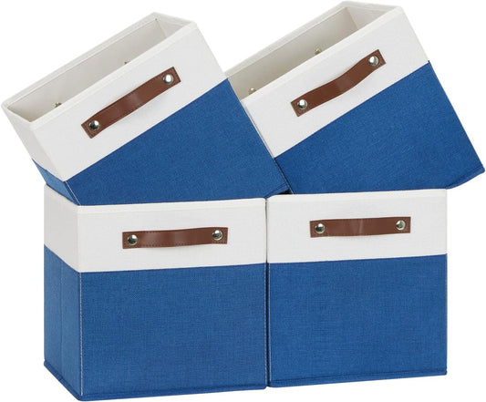 Temary 11 Storage Cube Bins for Shelves, Closet - 4 Pack Fabric Baskets With Leather Handles (White & Blue)