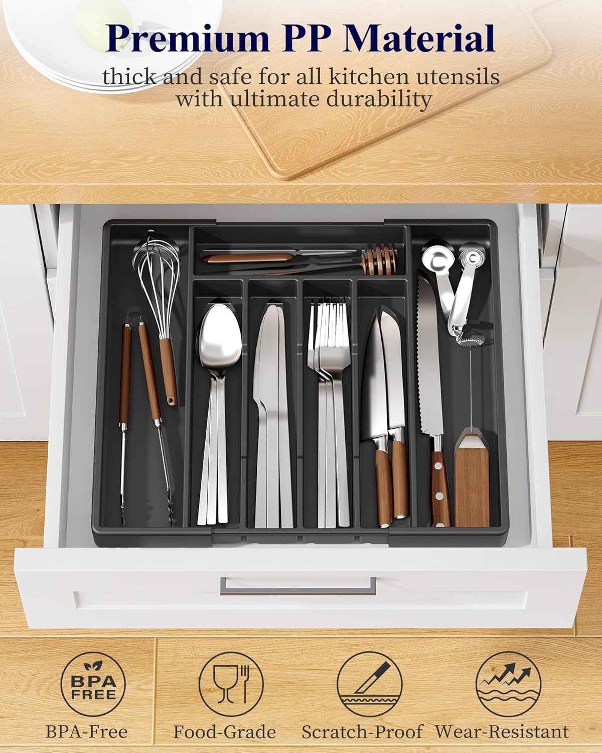 Kitsure Silverware Organizer for Drawers - Expandable Cutlery and Utensil Drawer Organizer with Easy Maintenance, Premium PP Kitchen Organizers and Storage for Flatware, Black, 13.2" x 12.2" x 1.6"