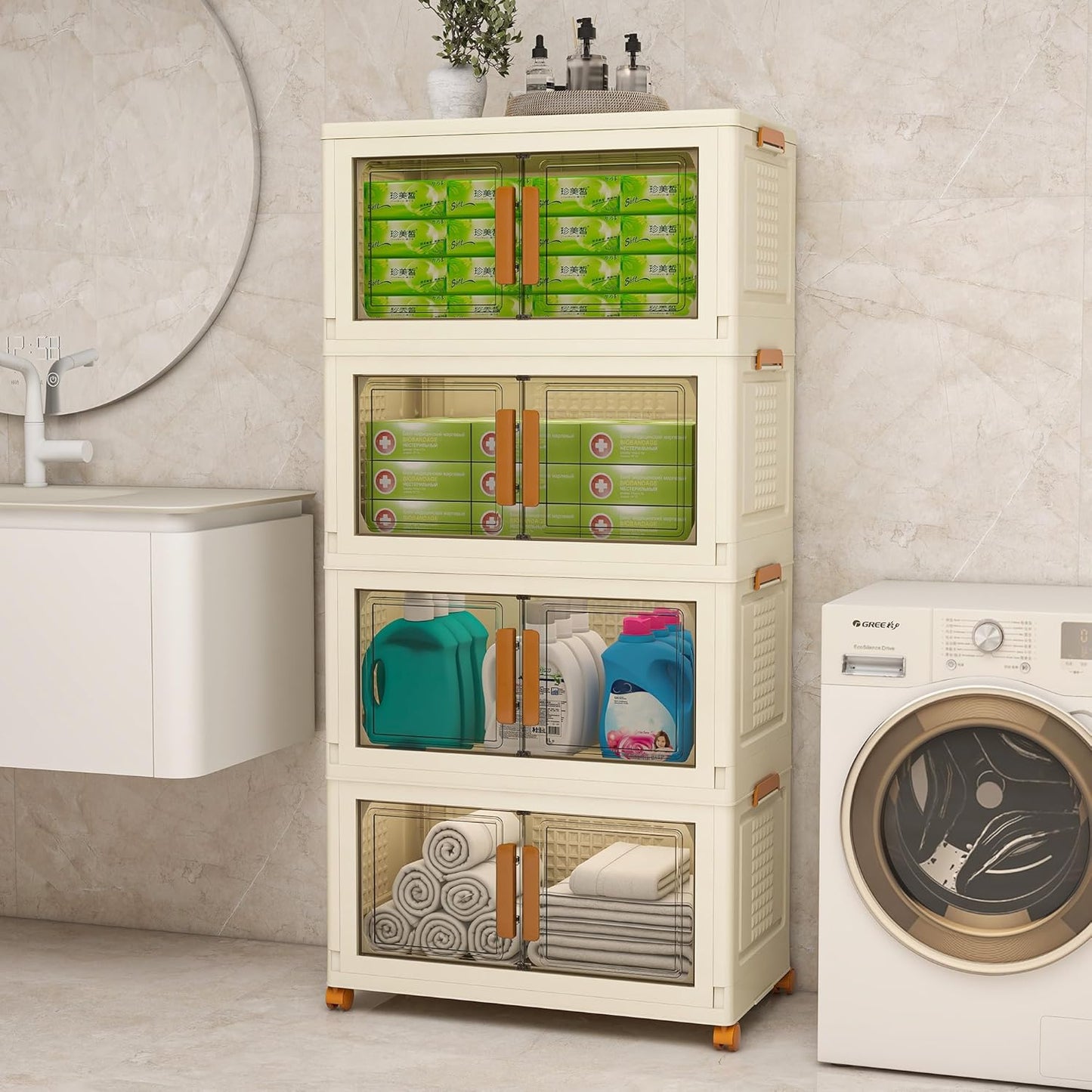 Plastic Stackable Storage Bins with Lids and Wheels, Foldable Closet Organizers and Storage Containers for Bathroom, Collapsible Clear Drawer Storage Cabinet with Doors White 22.4Gal 4Tiers