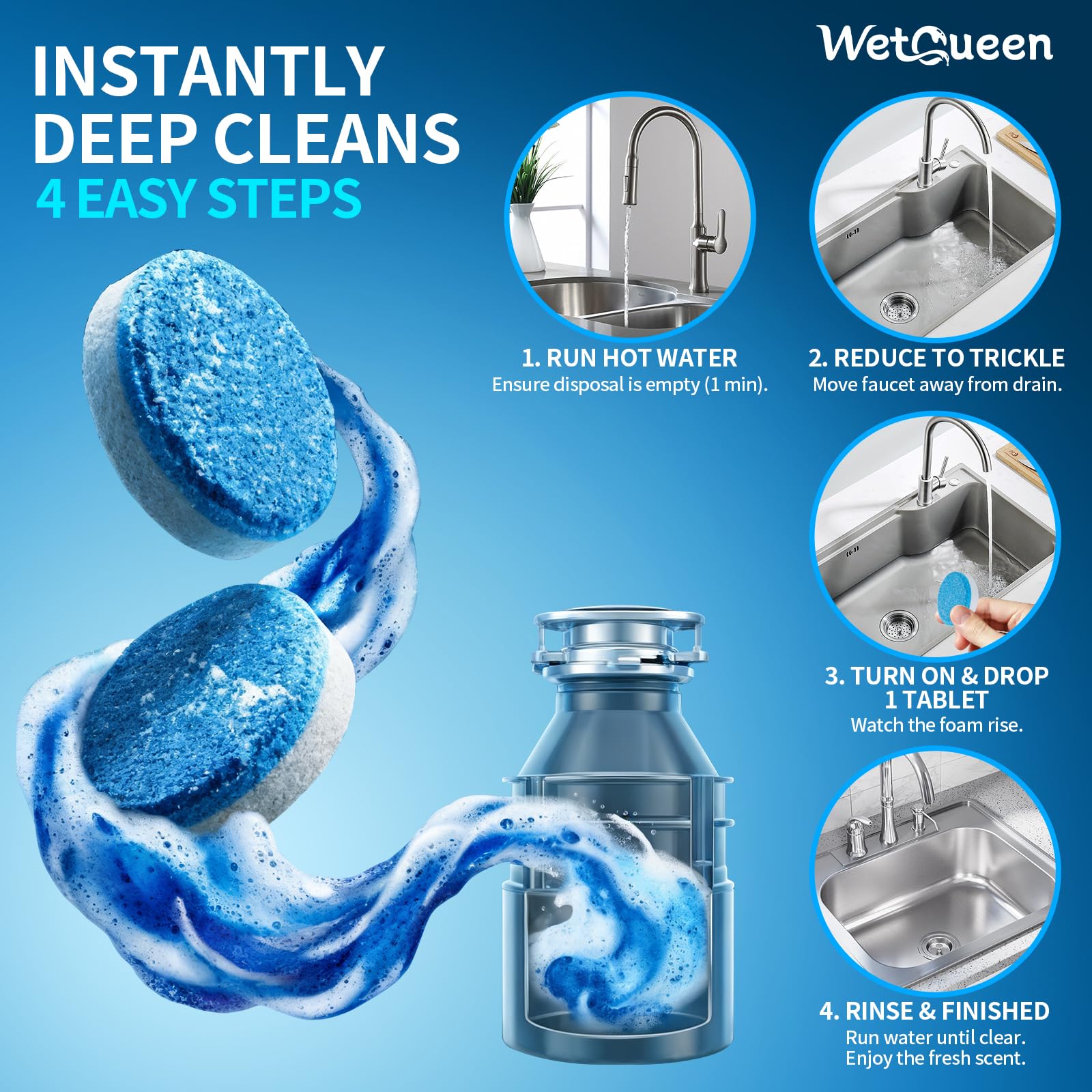 Wetqueen Garbage Disposal Cleaner and Deodorizer Tablets - 24 Pack, Fresh Ocean Scent, Powerful XL