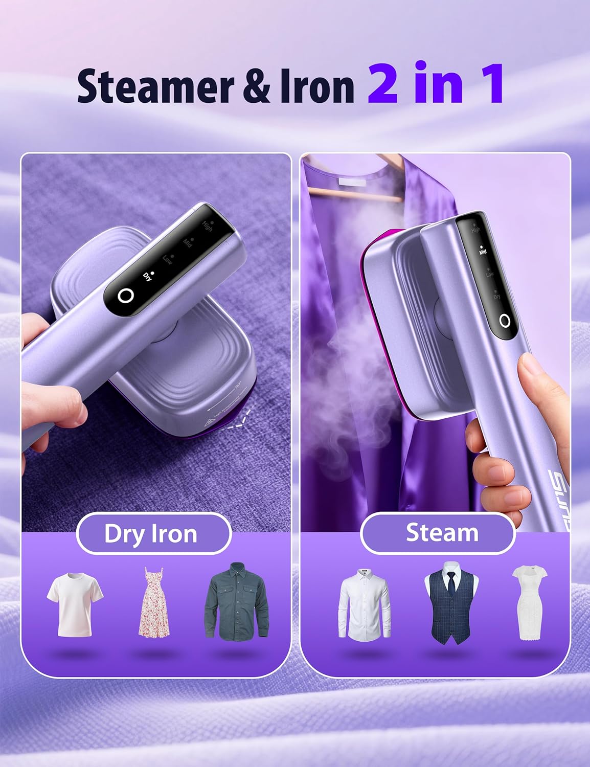 Sundu Steamer for Clothes,15s Fast Heat-up Handheld Garment Steamer,35mins Runtime & 180ml Large Tank,25g/min Steam,Ceramic Panel,Stands on Desk,Wrinkle Remover for Travel, Home, Office(Purple)
