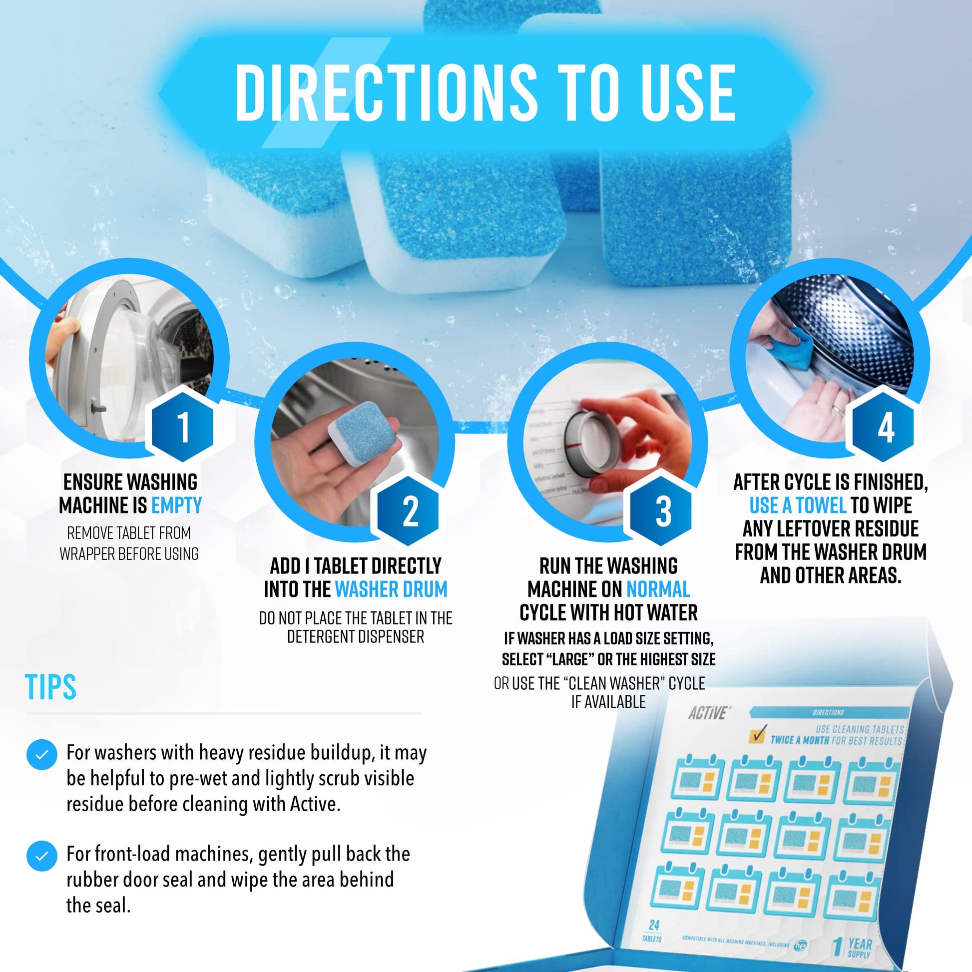 Washing Machine Cleaner Descaler 24 Pack - Deep Cleaning Tablets For HE Front Loader & Top Load