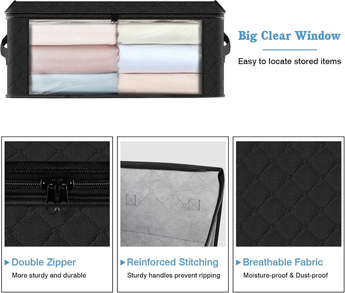 HomeHacks Storage 4-Pack Clothes Organizer Storage Bags Foldable Storage Box with Large Clear Window Sturdy Handles for Closet, Dorm, Pillows, Bedding, Clothes, Blankets, 35L, Black