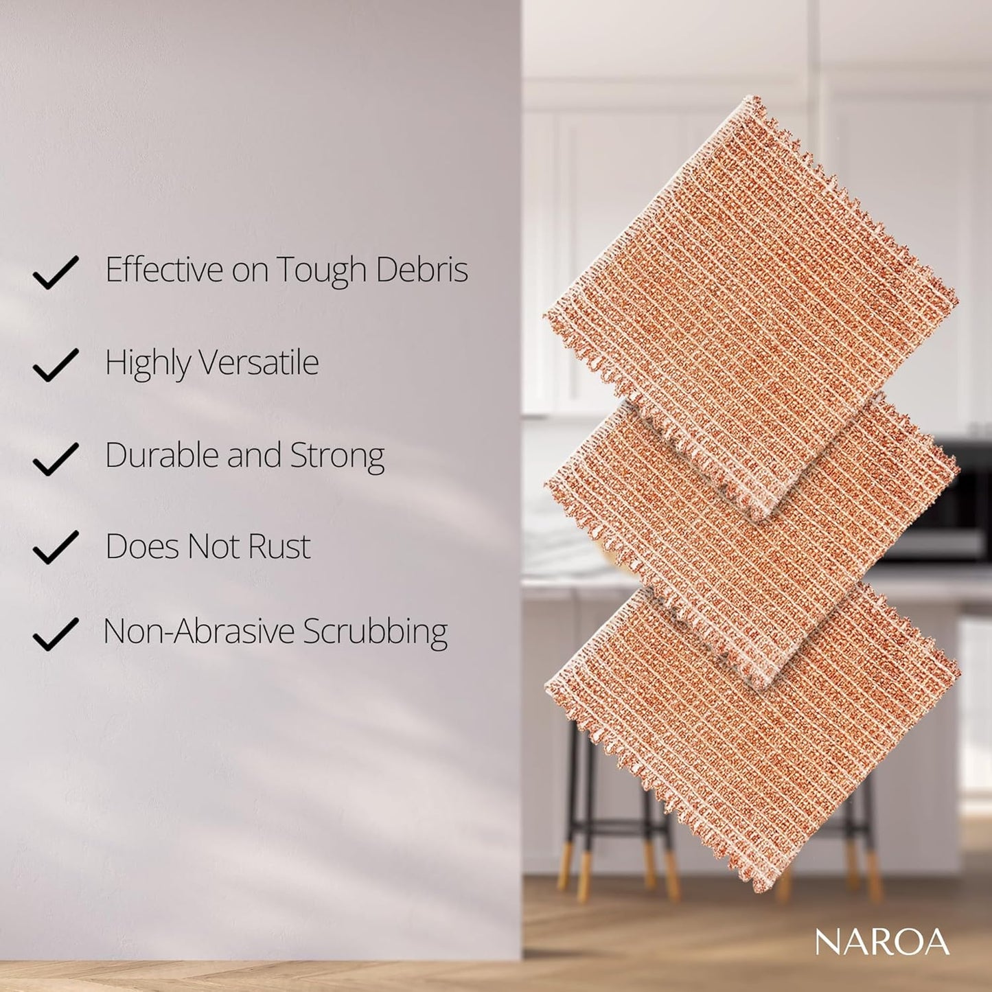 Naroa Copper Scrubbing Pads 3 Pack | 2-Ply Non-Abrasive Metal Mesh Scrubber | Reusable Copper Cleaning Cloth for Stainless Steel, Pots, Pans, Cast Iron | Kitchen Supplies Dishwashing Tools