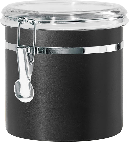 Oggi Stainless Steel Kitchen Canister 36 fl oz, Black - Airtight Clamp Lid, Clear See-Thru Top - Ideal for Kitchen Storage, Food Storage, Pantry Storage. Size 5" x 4.75".