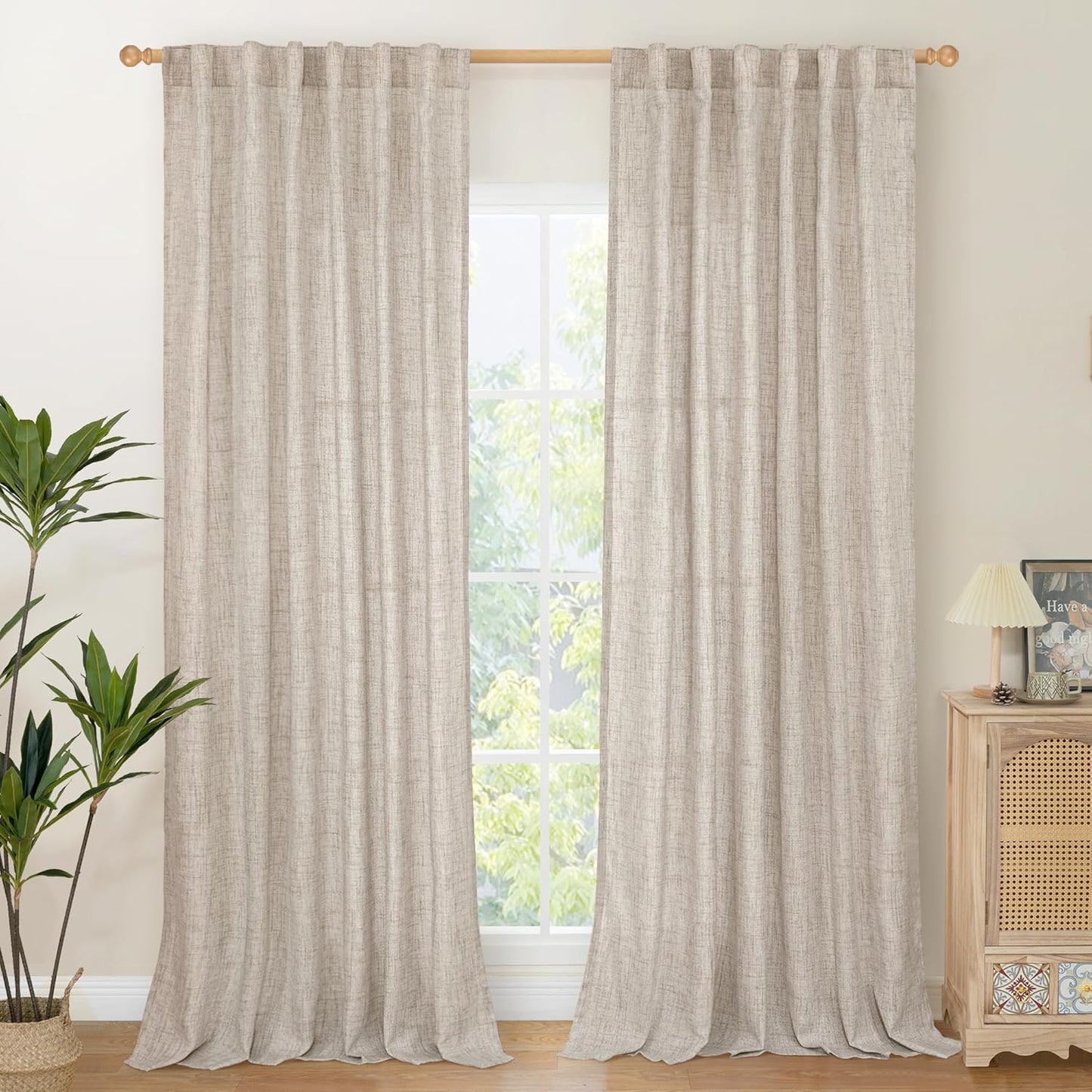 YoungsTex 84 Inch Length Linen Curtains for Living Room 2 Panels - Semi Sheer Drapes with Rod Pocket Back Tab Light Filtering Window Treatments for Bedroom Dining, Natural, 52 X 84 Inch