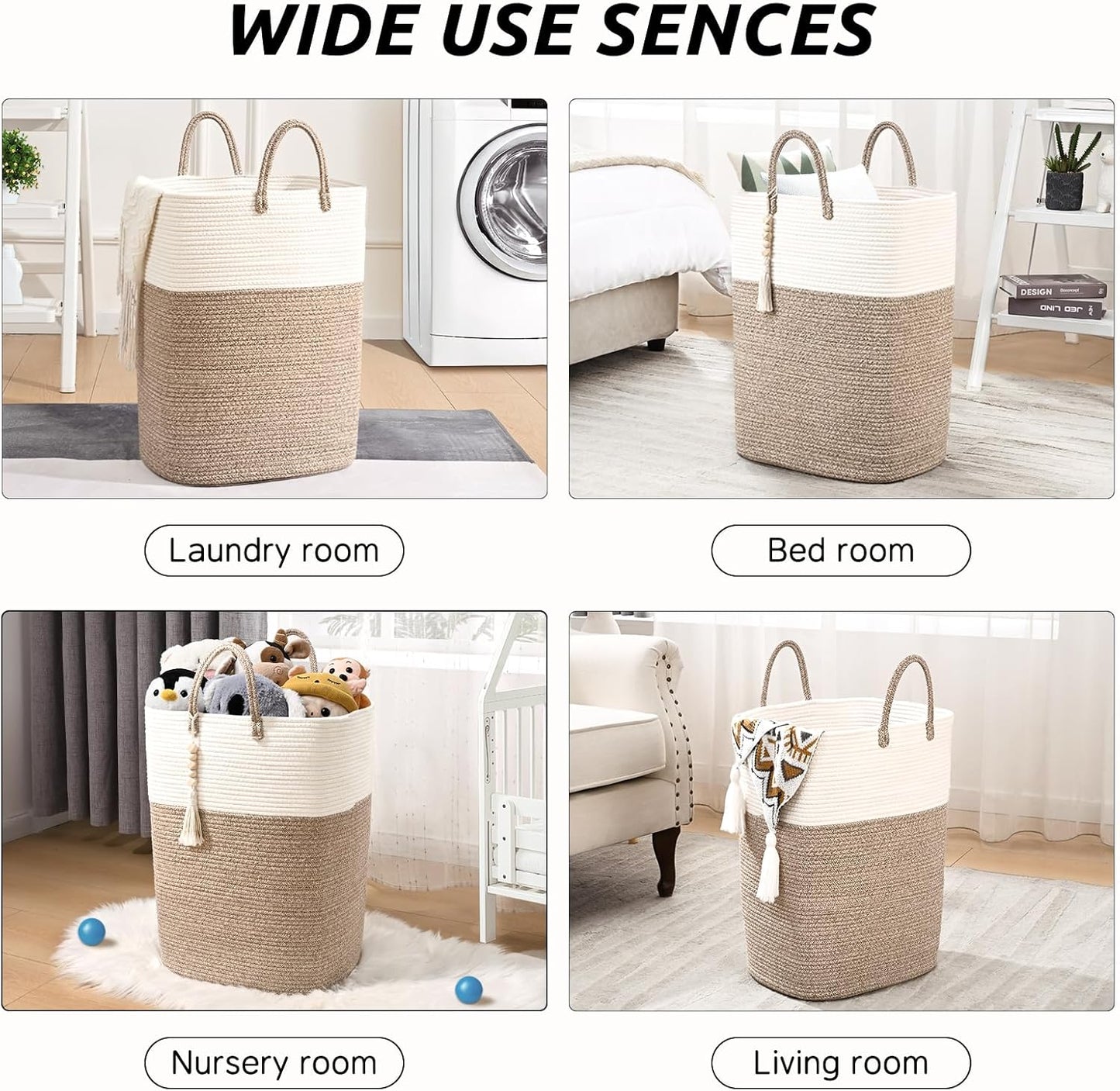 Woven Laundry Basket for Clothes, 50L Large Rectangle Laundry Hampers with Beads Tassel, Nursery Storage Basket for Toys, Tall Dirty Clothes Hamper for Bedroom Aesthetic, Laundry Room Organization