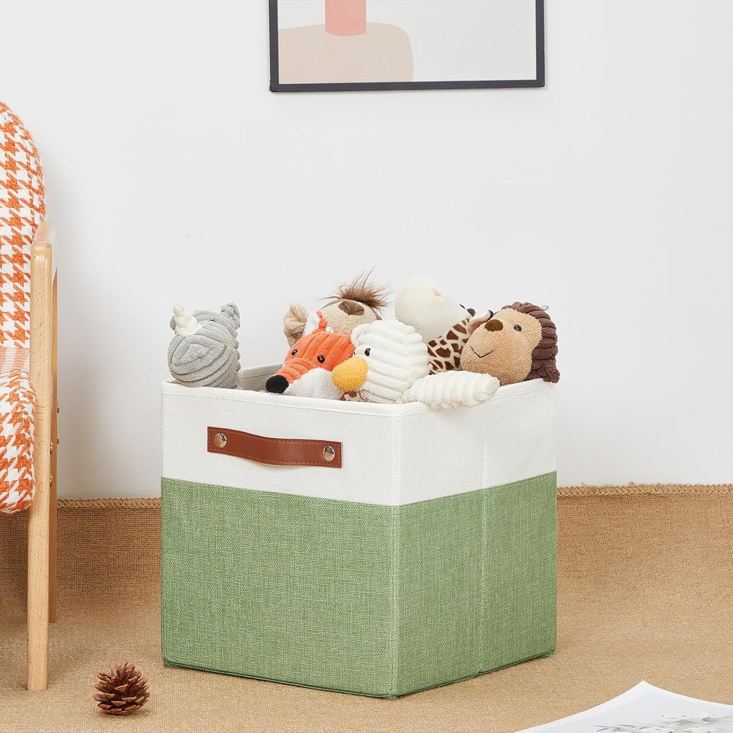 HNZIGE Fabric 11x11 Cube Storage Bins, Set of 4, Foldable Storage Cube Bin Baskets for Shelves with Handles, Bins for Cube Organizer Home Toy Nursery Closet(Green White)