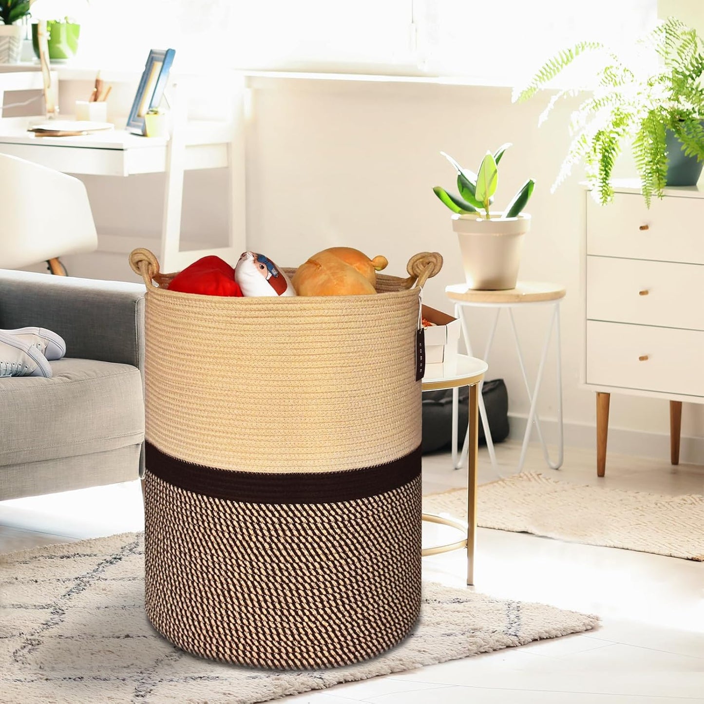COMSE Extra Large Blanket Basket, Tall Woven Storage Basket, Nursery Hamper, 15.7”x 21.7”, Cotton Rope Laundry Hamper for Toys Clothes Towels, Blend Brown/Black