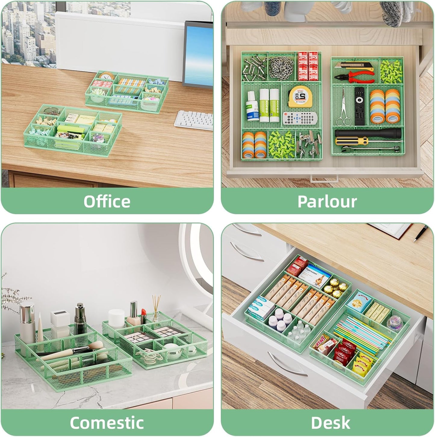 Marbrasse 2 Pack Desk Drawer Organizer, Mesh Drawer Organizer Tray with 8 Adjustable Compartments, Desk Organizers and Accessories, 5 Dividers Drawer for Office Supplies, Makeup & Vanity (Green)