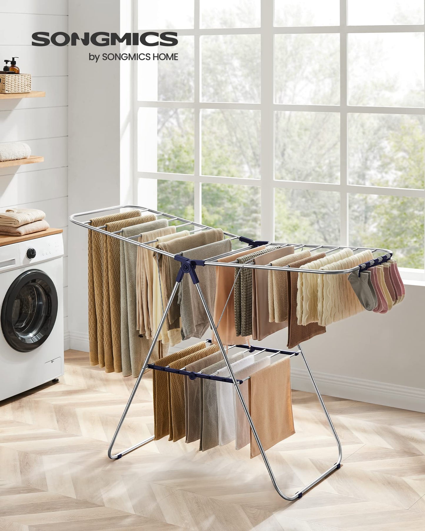 SONGMICS Clothes Drying Rack, with Sock Clips, Metal Laundry Rack, Foldable, Space-Saving