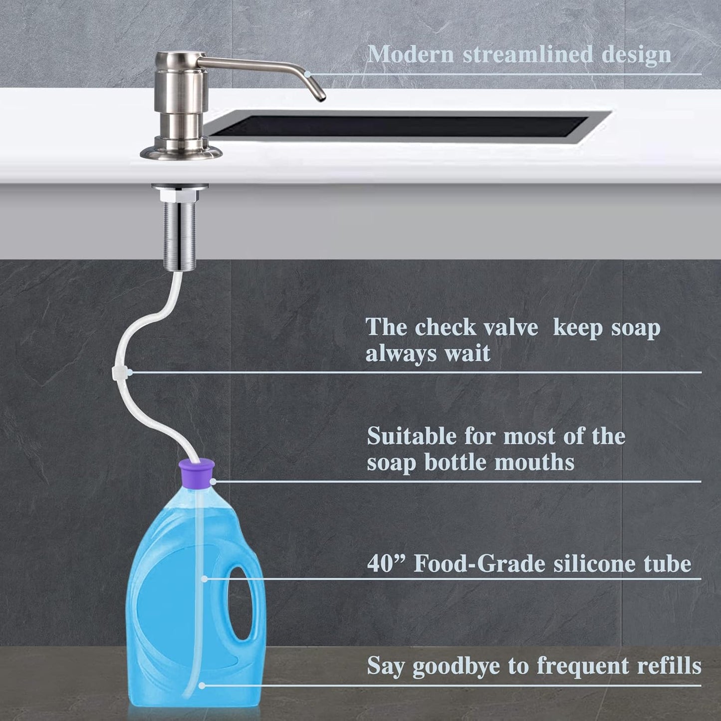 GAGALIFE Soap Dispenser for Kitchen Sink (Brushed Nickel) and Extension Tube Kit, Complete Brass Head, 40" Silicone Tube Connect to The Soap Bottle Directly, Say Goodbye to Frequent Refills