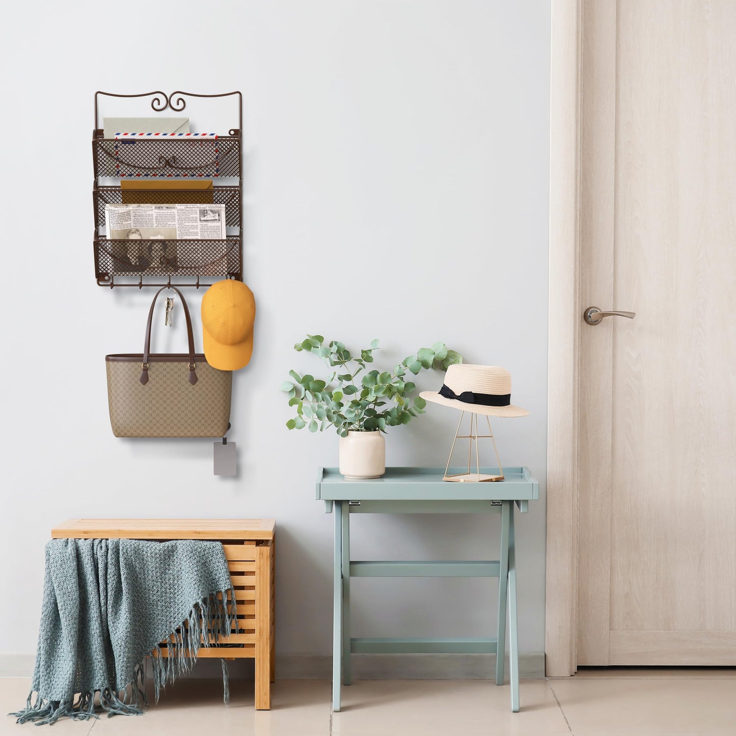 Deco Brothers Wall Mail Organizer with 5 Key Holder, 3 Tier, Bronze