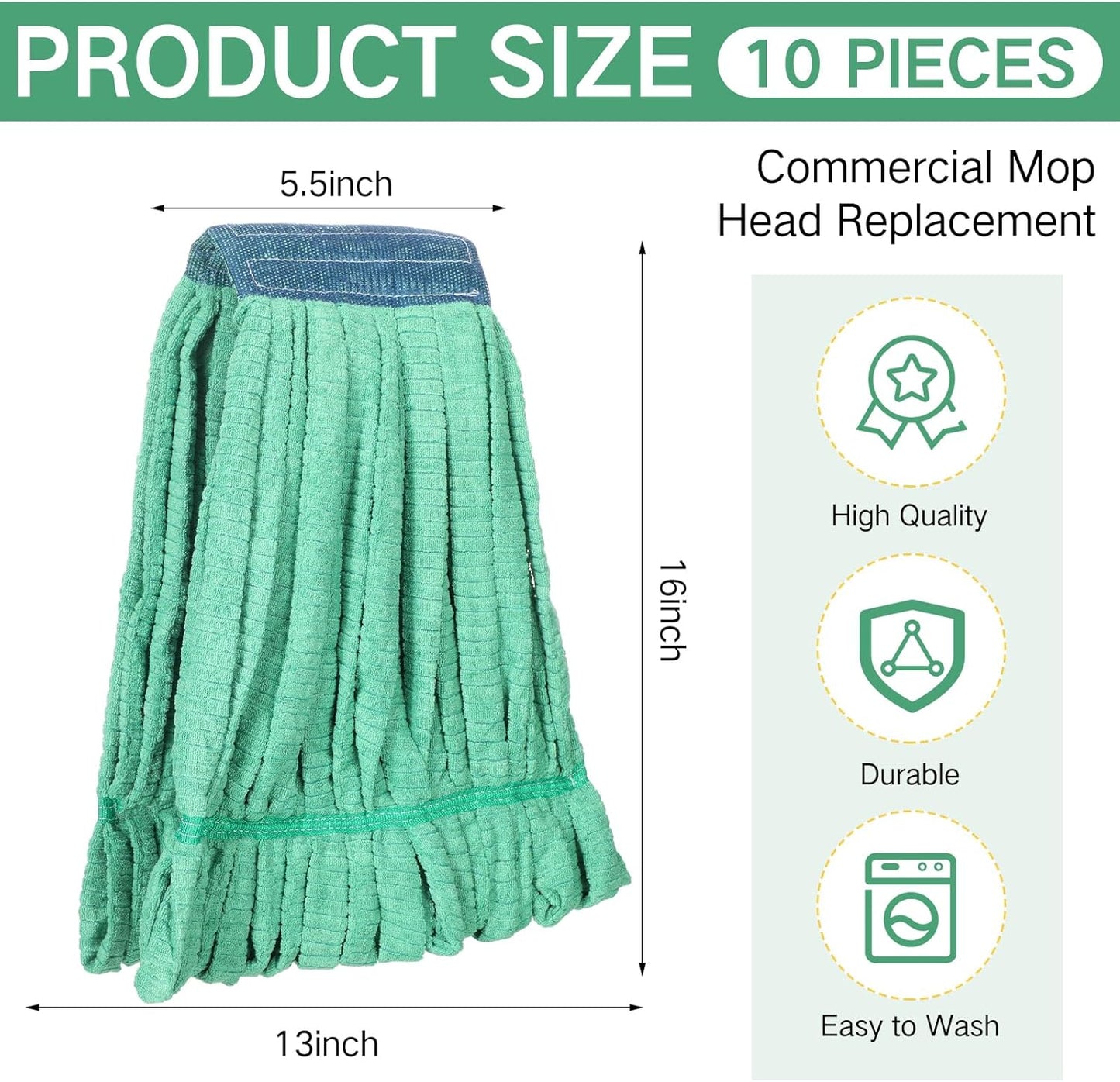 Lallisa 10 Pcs Commercial Mop Head Replacement Tube Microfiber Mop Heads for Floor Cleaning Industrial Mop Heads Looped End Wet Mop Head Refill for Home Commercial Industrial Use (Green,18 oz)